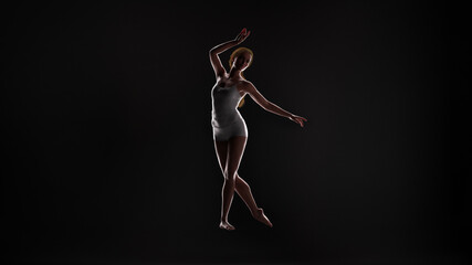 Naklejka na ściany i meble 3D illustration of a young female ballet dancer striking a dynamic pose against a dark background with backlighting.