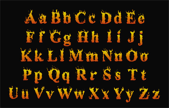 New vector fire font. Beautiful burning letters in front of the black charcoal background