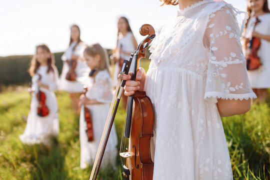 Group of young violinists playing with an orchestra band at an outdoor during the summer festival. Profile face and instrument. Image with selective focus