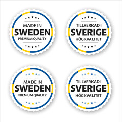 Set of four Swedish labels. Made in Sweden (In Swedish Tillverkad i Sverige). Premium quality stickers and symbols with stars. Simple vector illustration isolated on white background