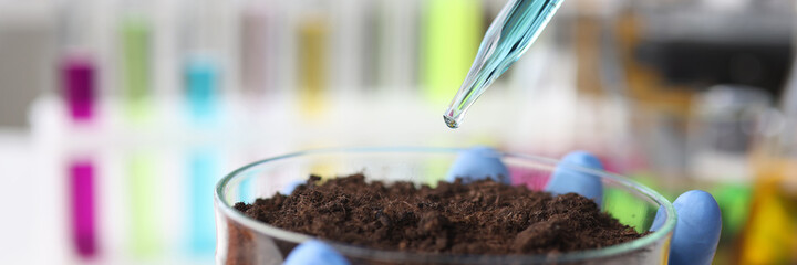 Liquid is dropped from glass pipette into flask with soil