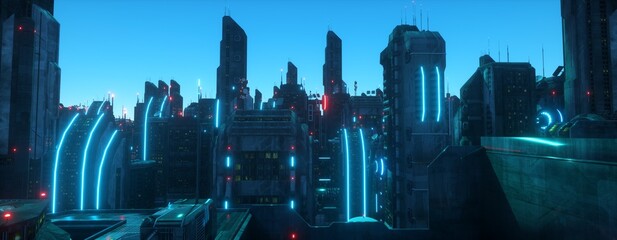 Neon futuristic city. Urban future. Blue neon evening in a city of a future with blue neon lights. Futuristic skyscrapers with bright glowing. Cyberpunk scene. 3D illustration.