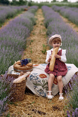 The girl is sitting in a lavender field