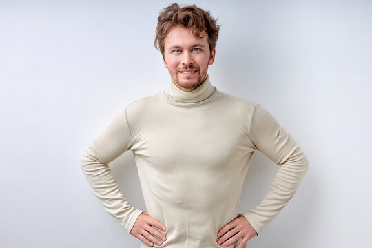 Portrait Of Optimistic Guy Smiling At Camera, Open-minded Male With Beard Isolated On White Studio Background. People Lifestyle, Human Emotions Concept. Copy Space For Advertisement. Success