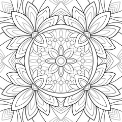 Decorative mandala with simple flowers and patterns on a white background. For coloring book pages.