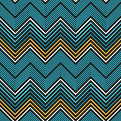 Chevron Colorful Striped Background. Vector Abstract Zigzag Seamless Pattern. Blue, Yellow, Black Colors