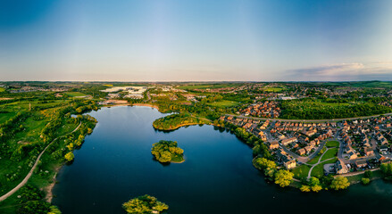 Panoramic drone aerial view of Manvers Lake, Rotherham, South Yorkshire