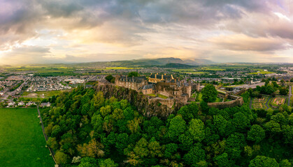 Dramatic aerial view of the Stirling Castle during the sunset, Scottland