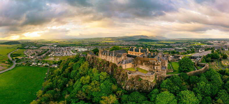 Dramatic aerial view of the Stirling Castle during the sunset, Scottland