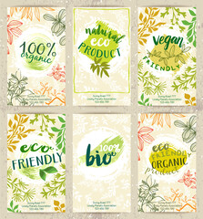 Vector set of eco friendly food labels on the stylish brochures. Packaging tags with fancy cards designs for bio, healthy products. Fresh ecological posters.