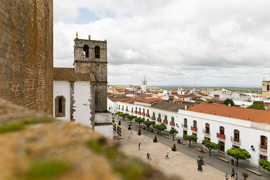 Aerial photo of the castle square in Olivenza, Spain with white houses in the background