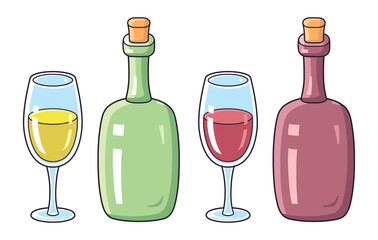 White and red wine bottle with glass isolated cartoon vector