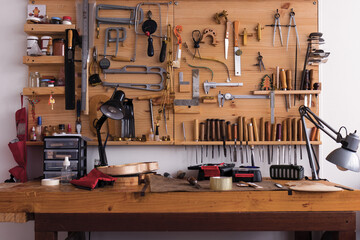 Luthier's workshop and tools that use to make a violin
