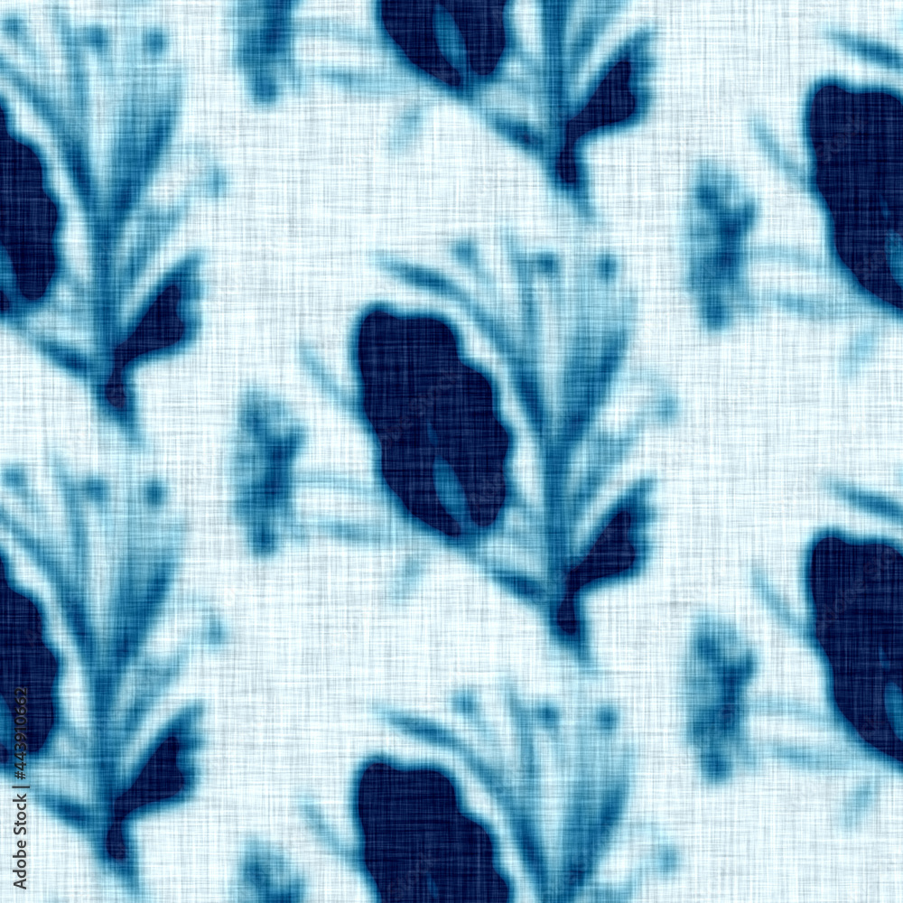 Wall mural Cyanotypes blue white botanical linen texture. Faux photographic leaf sun print effect for trendy out of focus fashion swatch. Mono print foliage in 2 tone color. High resolution repeat tile. 