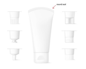 Blank plastic tube mockup for cosmetics with cap. Front view. Vector illustration isolated on white background. Can be use for your design, advertising, promo and etc. EPS10.