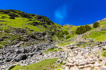 Aerial view of Stickle Tarn lake, the Lake District, Great Langdale valley