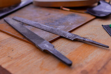 Lutheria workshop and tools used to make a violin 