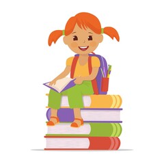 The concept of a reading girl with a briefcase sitting on a stack of books. Vector cartoon illustration.