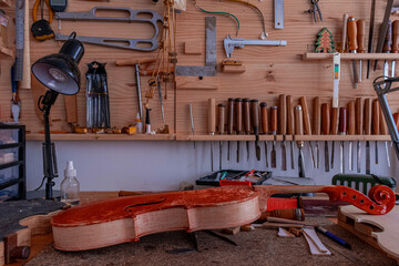 Luthier's workshop and tools that use to make a violin