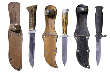 Three different knives with leather sheaths. Knife for special tasks used on camping in the field.