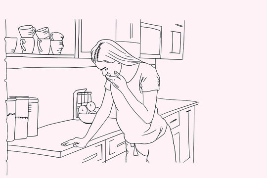 Pregnant woman feeling nauseous in the kitchen. Images are suitable for use as illustrations or supporting health articles