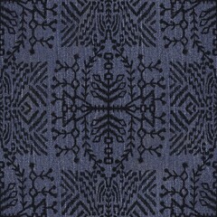 Seamless tribal ethnic rug motif pattern on dark denim texture. High quality illustration. Boho gypsy folk art style motif on seamless jean texture. Repeat raster jpg pattern swatch.