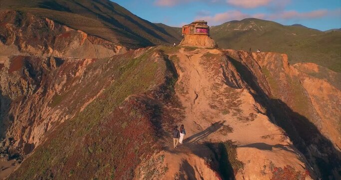 Aerial: Devils Slide military bunker. Pacifica. California, USA
