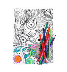 Antistress coloring page and pencils on white background, top view