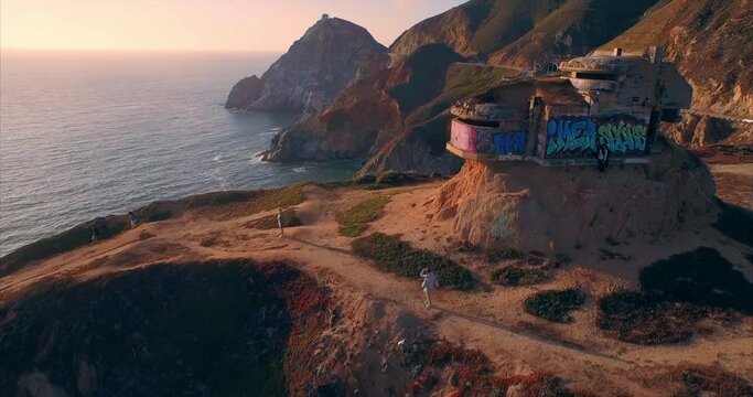 Aerial: Devils Slide military bunker. Pacifica. California, USA