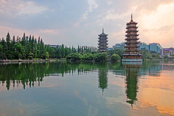 Moon and Sun Pagoda of Guilin city, Guangxi province, China.