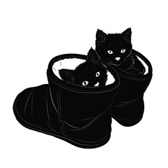 Vector illustration. Silhouette of domestic kittens sitting in a boots. EPS  Silhouette