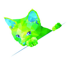Polygonal vector illustration of a domestic green cat isolated on a white background. Advertising space. EPS 8