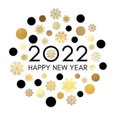 Happy New Year 2022 circle concept. Greeting card design on white background. Black celebration text in frame of gold circles snowflakes. Golden flyer banner calendar party decoration. Bright vector.