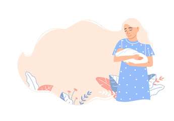 Mother and newborn baby banner design with blank text space. Adorable happy cartoon family mom, child together. Celebration, invitation, greeting card decoration design. Motherhood vector illustration