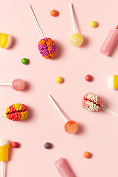 Closeup of brains on lollipops