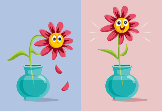Sad Withered flower that Rejoices Vector Cartoon