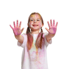 Cute little girl covered with colorful powder dyes on white background. Holi festival celebration