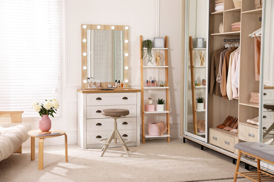 Elegant Room With Dressing Table And Wardrobe. Interior Design