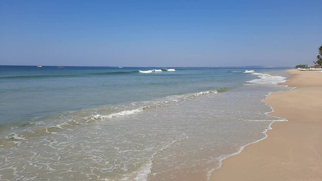 Tropical beach with palm trees and sea. tropical beach, blue water and blue sky Arabian sea beach in India. white sand and blue water.