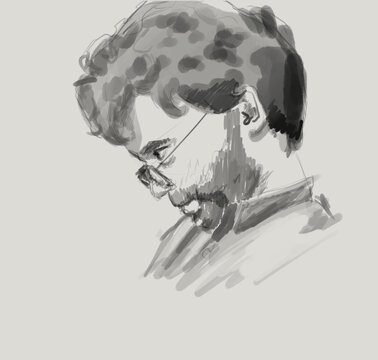Dibujo digital de un hombre joven con cabello ondulado despeinado, con gafas, mirando hacia abajo con expresión, pensando, aislado en blanco, arte y negocios en blanco