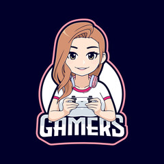 Cute gamer girl cartoon character mascot logo