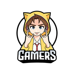 Gamer anime guy with character with rock hand sign mascot logo