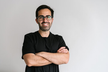 Adult male in work uniform looking at the camera. Medical concept