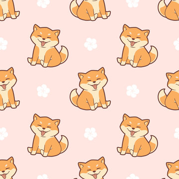 Seamless Pattern Of Cute Shiba Inu Dog And Sakura Flowers