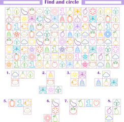  Logic game for children. Development of attention, thinking. Find and circle the fragments shown below