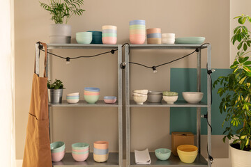 Close-up of shelf with eco friendly tableware to sell online