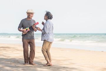 Happy senior couple relaxing outdoors singing and playing acoustic guitar at beach near sea sunny day, Mature man playing ukulele for his wife at sea, plan life insurance at retirement couple concept - Powered by Adobe