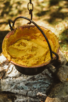 Italian polenta cooking on fire