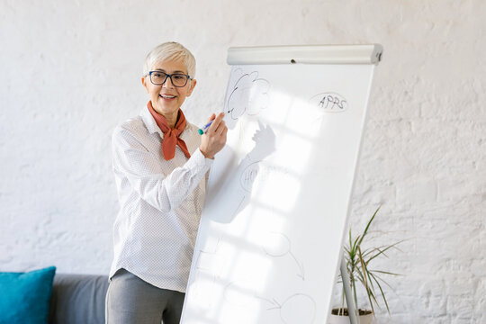 Senior businesswoman using flip chart for presentation in a meeting room.  