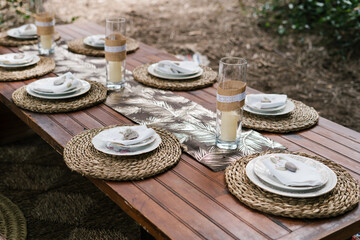Banquet table served for wedding celebration in nature